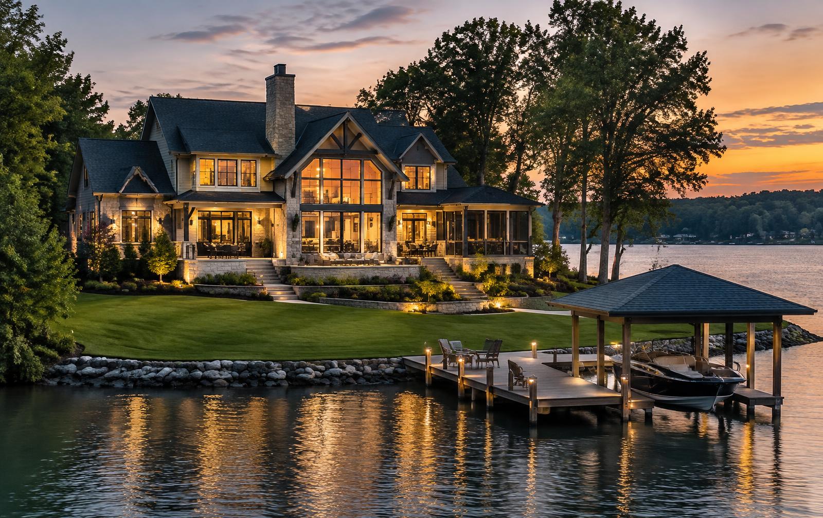 A waterfront luxury estate at dusk with warm interior light, lawn running down to a private dock