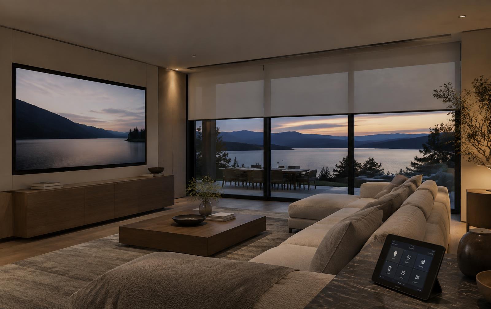A modern lake house media room at dusk with hidden speakers, motorized shades and a wide window onto the water